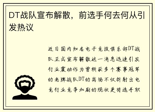 DT战队宣布解散，前选手何去何从引发热议